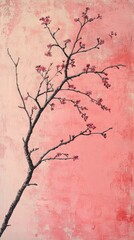Obraz premium Delicate cherry blossom branch against soft pink background with minimalistic design