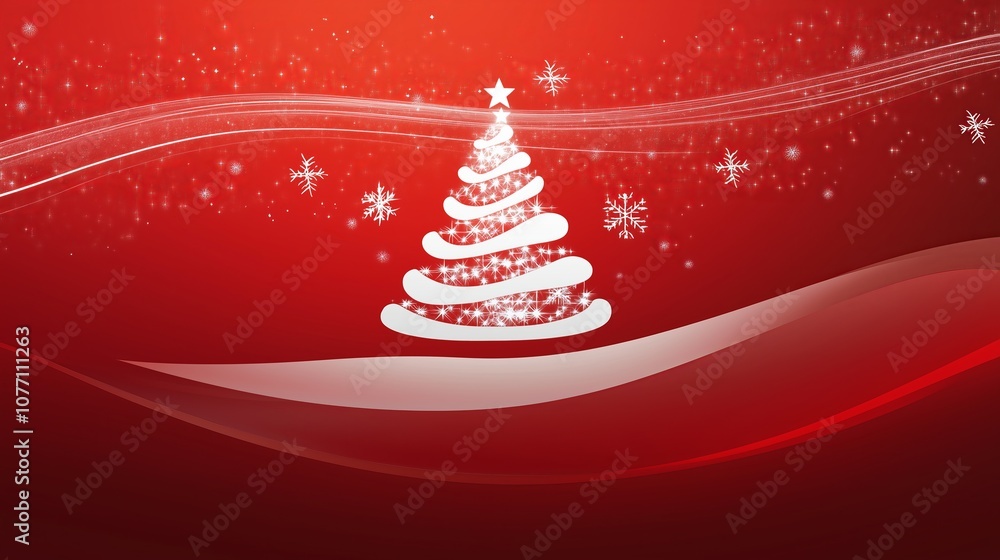 Poster a vector christmas tree in white on a red background with swirls.