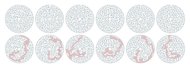 Maze set with a solution. Game for kids. Vector Labyrinth, conundrum.  Puzzle for children. Find the right path. Maze for books, print, family activity.