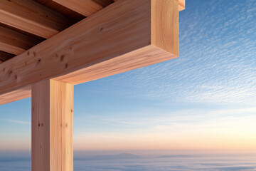 wooden beams against a blue sky with clouds, wooden construction concept