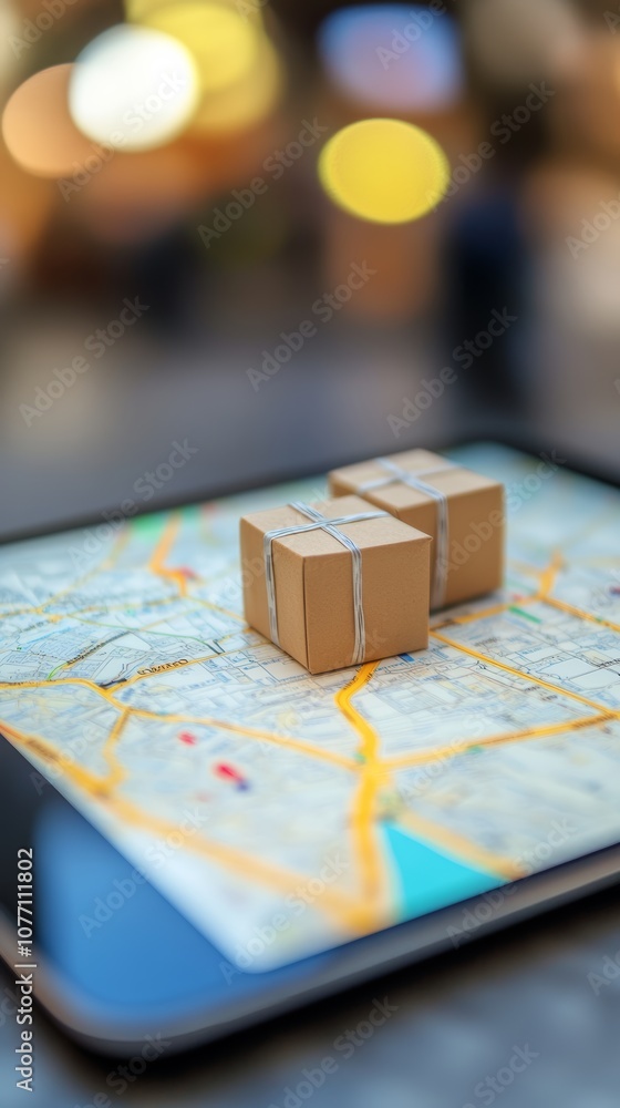 Aufkleber Two small cardboard boxes tied with string are sitting on a digital tablet displaying a city map, representing online shopping, e commerce, and fast delivery in the modern age