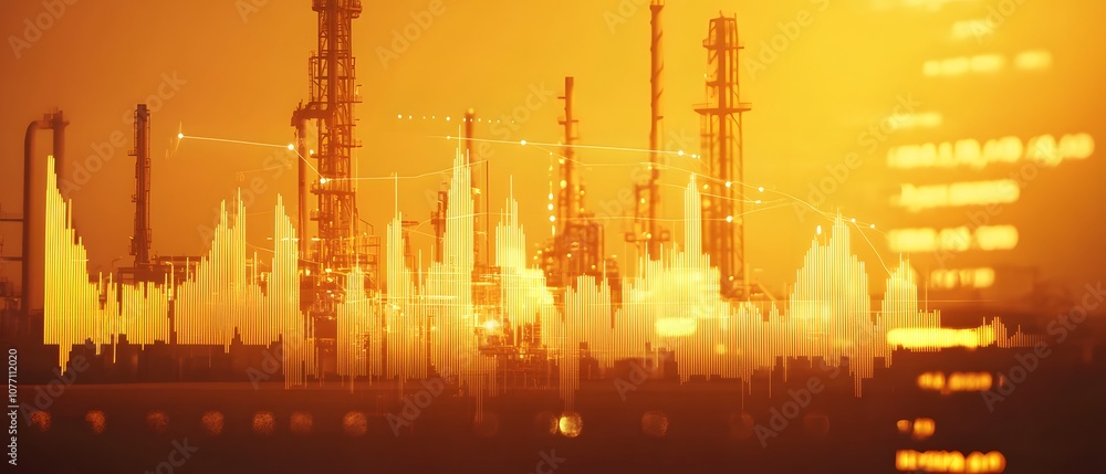 Poster ethereal industrial skyline with digital waveforms, illustrating the intersection of technology and 