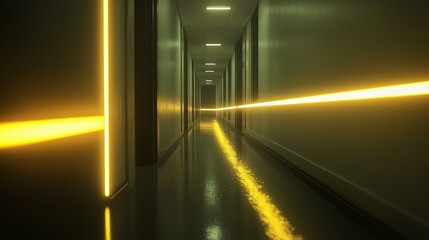 A dark, empty hallway lit by flickering fluorescent lights, with a bright yellow line marking the floor, adding an eerie, suspenseful mood