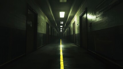 Fototapeta premium A dark, empty hallway lit by flickering fluorescent lights, with a bright yellow line marking the floor, adding an eerie, suspenseful mood