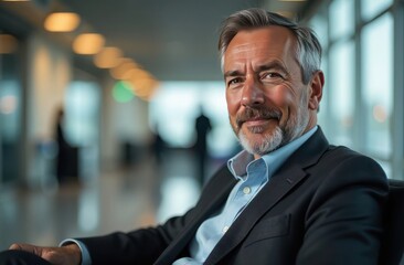 Fototapeta premium Charismatic Businessman Relaxing at the Airport with a Coffee in Hand