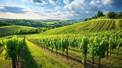 Obraz premium A picturesque vineyard with rolling hills and rows of grapevines.