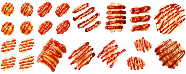 Bundle of ketchup mark stains on crispy food isolated transparent PNG set