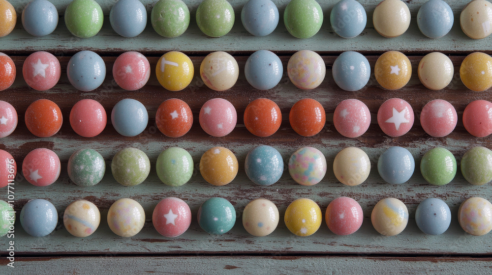 Poster a row of colorful candy balls are lined up on a wooden surface. the candy balls are of various color