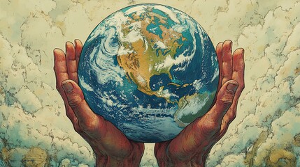 An of a god's hand saving the earth globe from human hands represents efforts to combat global warming and environmental degradation