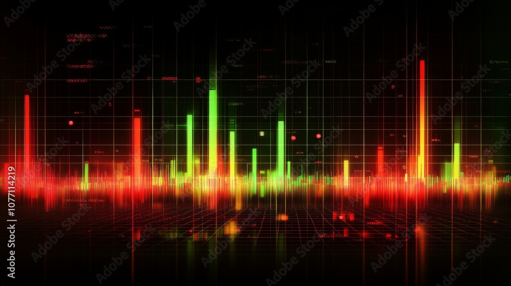 Poster vibrant abstract visualization of audio spectrum with pulsating waves and colorful peaks representin