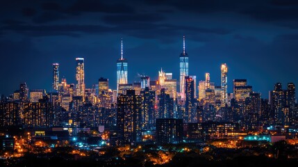Obraz premium Stunning Night View of New York City's Skyline Illuminated by City Lights with Prominent Skyscrapers Against a Dark Cloudy Sky Providing a Perfect Urban Landscape