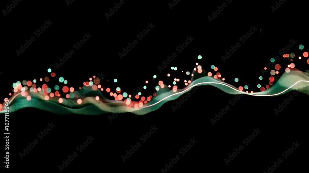 Poster abstract wavy lines with glowing bokeh lights on a dark background creating a dreamy, festive atmosp