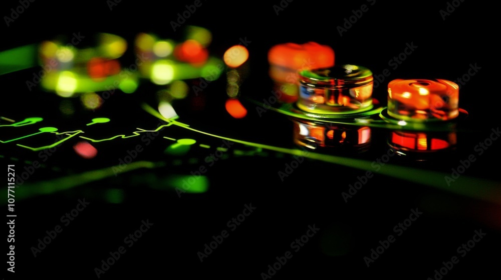 Poster abstract close-up of colorful light effects and transparent objects on a dark surface, creating a vi
