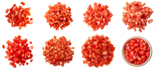 Bundle of tomato chopped cubes isolated transparent PNG set