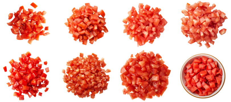 Bundle of tomato chopped cubes isolated transparent PNG set