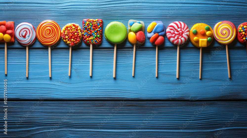 Poster a row of colorful lollipops on a wooden surface. the lollipops are of various colors and sizes, and 
