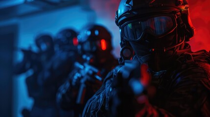 Naklejka premium SWAT Team advancing through dark hallway during tactical operation