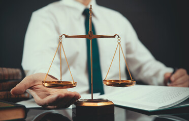 Lawyer with weight scale, law concept