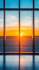 Fototapeta premium A vibrant sunset viewed through large windows at an airport, with rich colors illuminating the sky and reflecting on the floor.