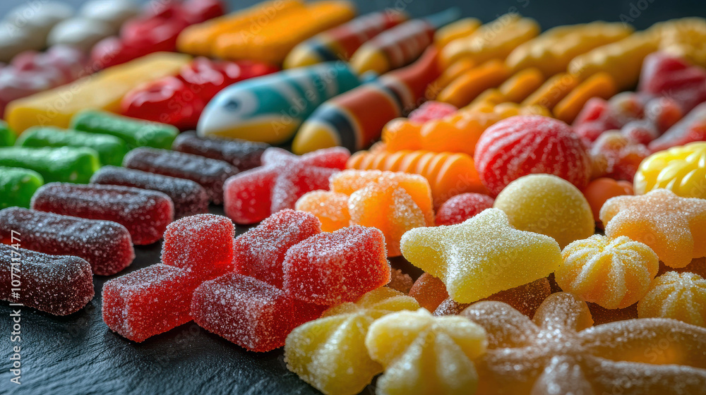 Poster a row of colorful lollipops on a wooden surface. the lollipops are of various colors and sizes, and 