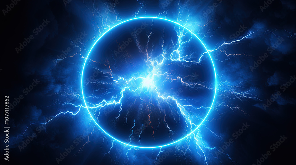 Poster lighting flash in the shape of circle. ring of thunderstorm lightning as a portal