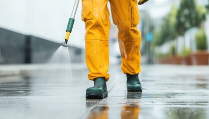 Obraz premium A worker in yellow protective clothing spray cleans a wet surface, showcasing effective cleaning techniques in an outdoor setting.