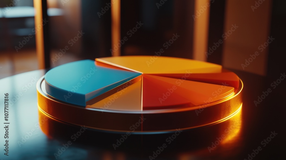 Poster colorful pie chart displayed on a reflective surface with dramatic lighting for business and data vi