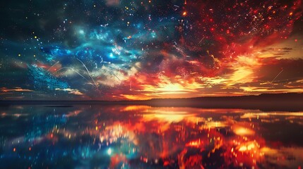 Fototapeta premium A breathtaking night sky illuminated by a dazzling display of colorful fireworks. The vibrant explosions of red, blue, and gold light up the sky, casting reflections on a serene lake below.