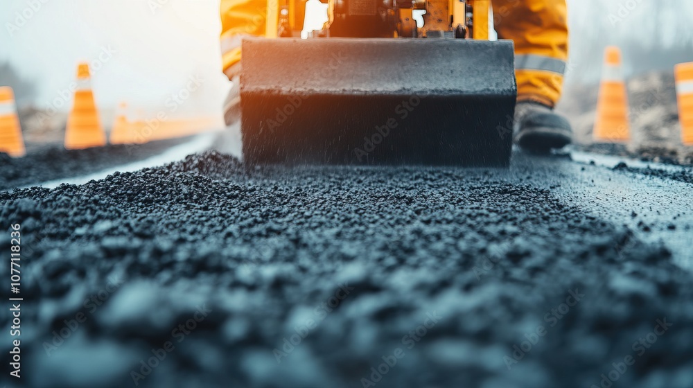 Poster a close-up of a construction worker operating machinery to lay asphalt on a road, surrounded by traf