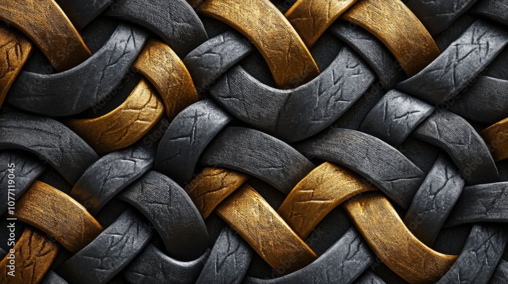 Poster intricate weave of textured strips in black and gold tones, showcasing a stunning pattern of materia