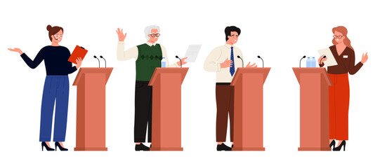 Public speech of speakers at podium set. Politicians, lecture presenter and leader talk at tribune with microphones, young and old characters speaking in front of audience cartoon vector illustration