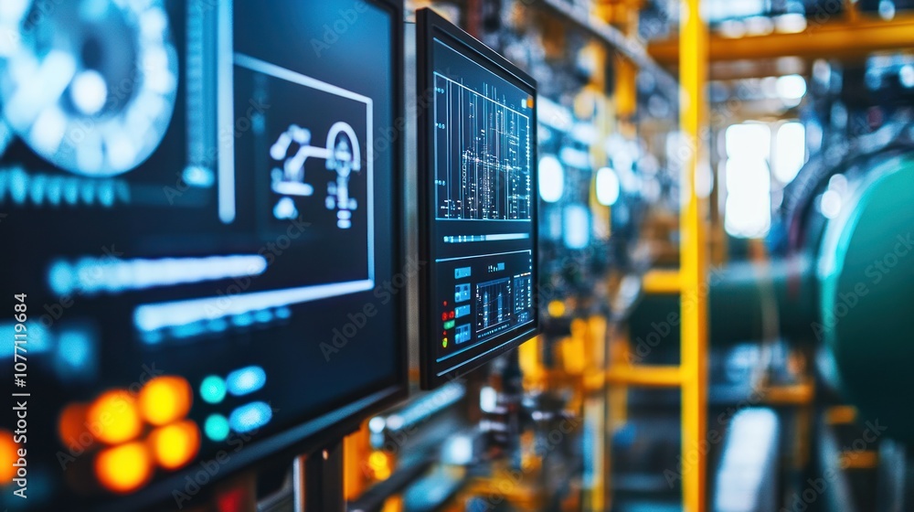 Poster industrial control room with monitors displaying data and graphs