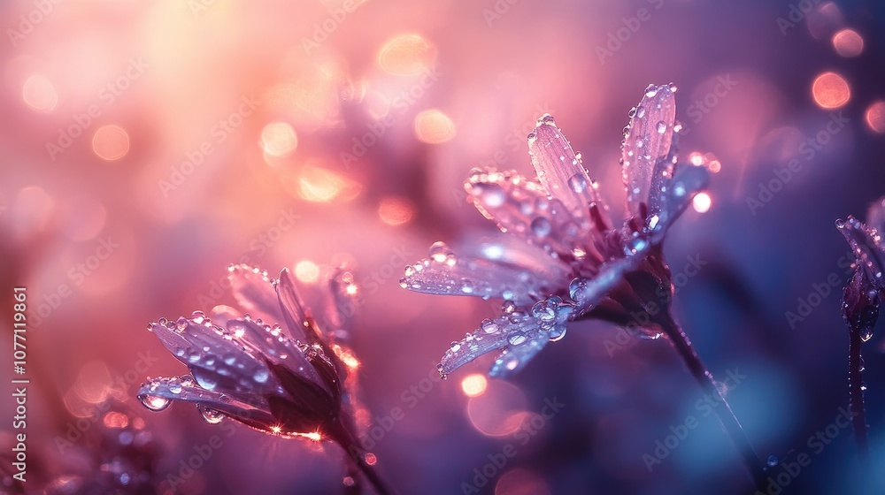 Poster dew-kissed flowers sparkling under gentle light with colorful bokeh background creating a dreamy atm