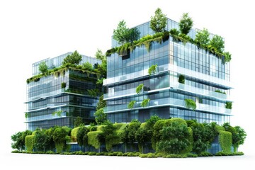 Fototapeta premium 3D eco buildings with sustainable glass office design and green surroundings to reduce carbon