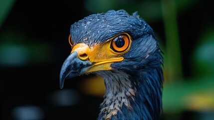Close-up portrait of a hawk with orange eyes and a yellow beak.