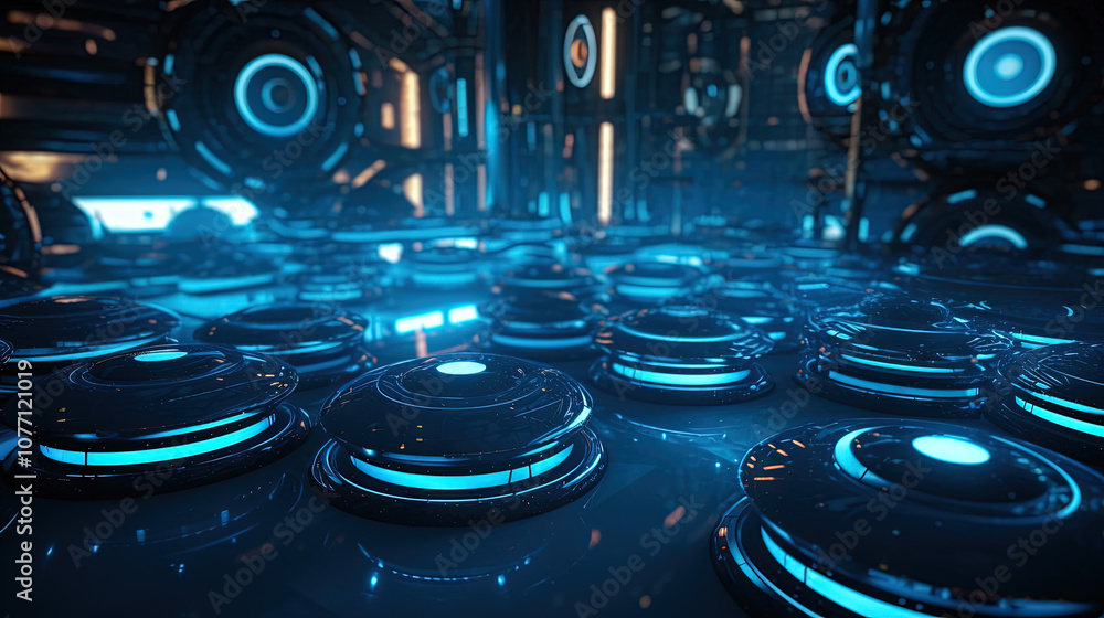 Poster Technology abstract background with hud styled round interface elements in neon tech light.