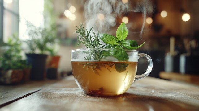 A steaming cup of herbal tea with fresh rosemary and basil leaves, set on a rustic wooden table.