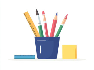 Cute cartoon illustration of stationery, a pencil cup with a ruler and paintbrushes on a white background. 