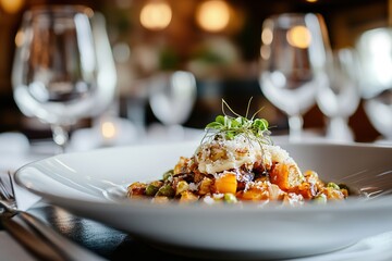 Gourmet dish served elegantly on white plate in restaurant