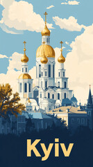 Fototapeta premium Flat vector-style poster of Kyiv, Ukraine. Feature Saint Sophia’s Cathedral with its golden domes.