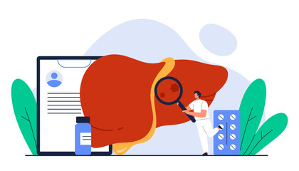 Hepatitis A, B, C, D concept. Hepatologist doctor with magnifying glass check up human liver organ. Liver disease, healthcare, treatment. Isolated vector illustration in cartoon style
