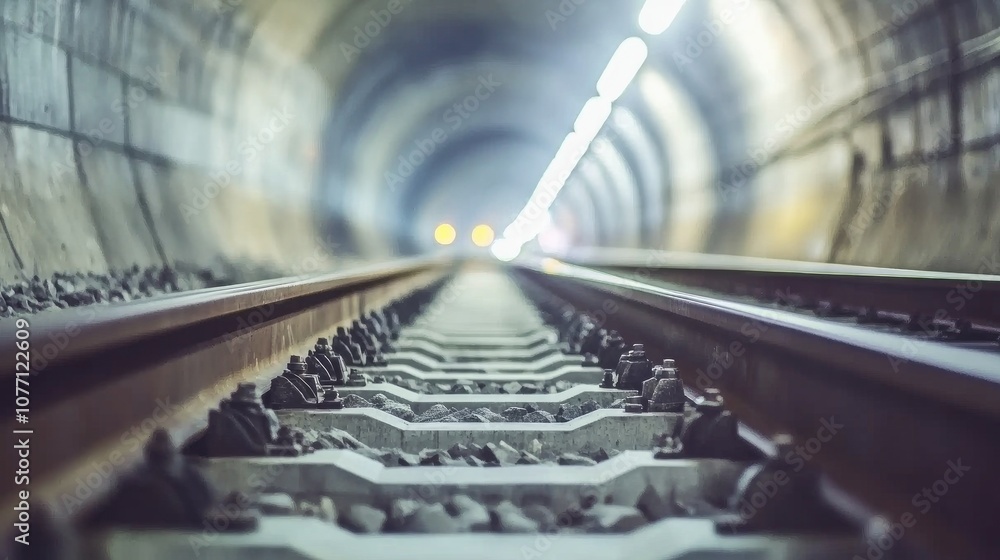 Aufkleber perspective view of railway tracks leading into a dimly lit tunnel with faint lights in the backgrou