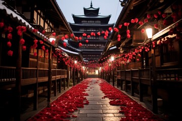 Obraz premium Festive streets illuminated with red lanterns, garlands, and vibrant floral decorations