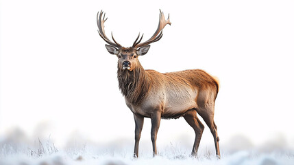 Majestic stag standing tall and alert, showcasing impressive antlers and a rich, tawny fur coat, set against a stark white background. The mood conveys regal serenity and wild strength,...