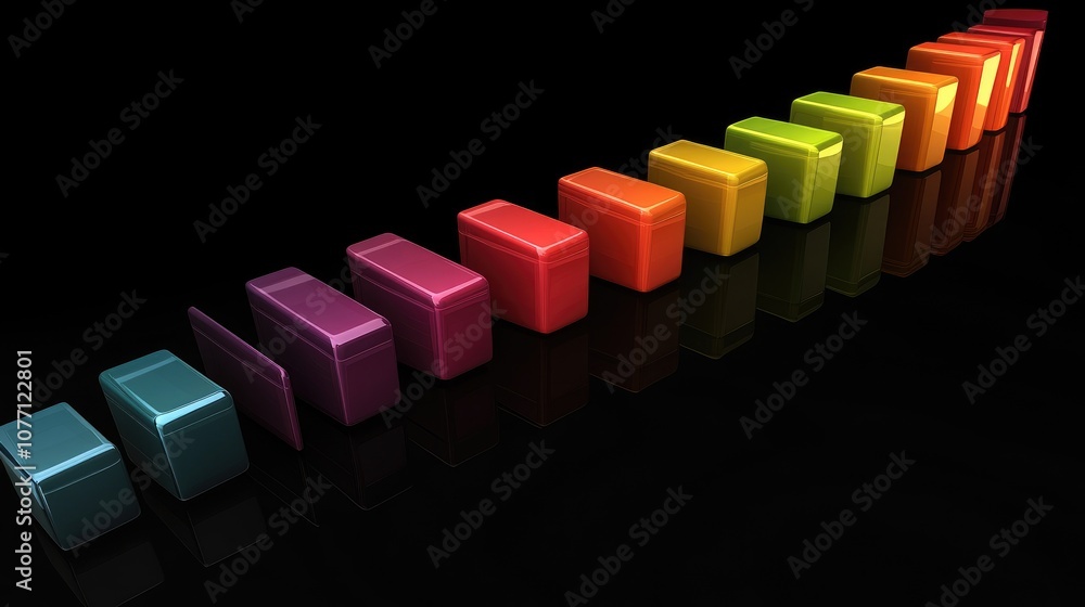 Poster colorful rectangular blocks gradually transitioning from cool blues to warm reds on a smooth black s