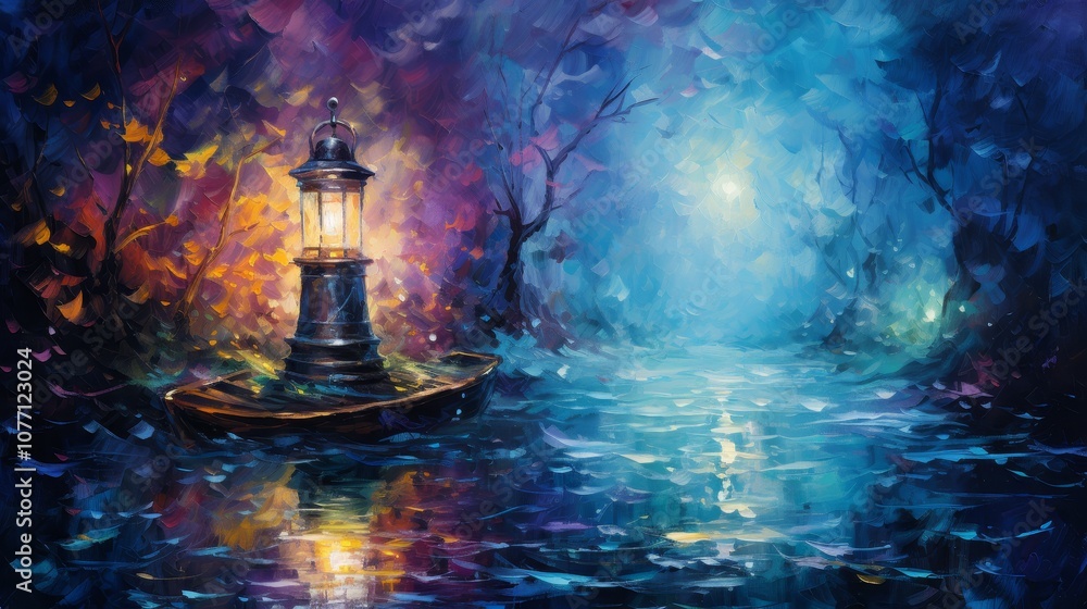 Poster vibrant hues blending together beneath lantern light with soft reflections and dynamic color fusion