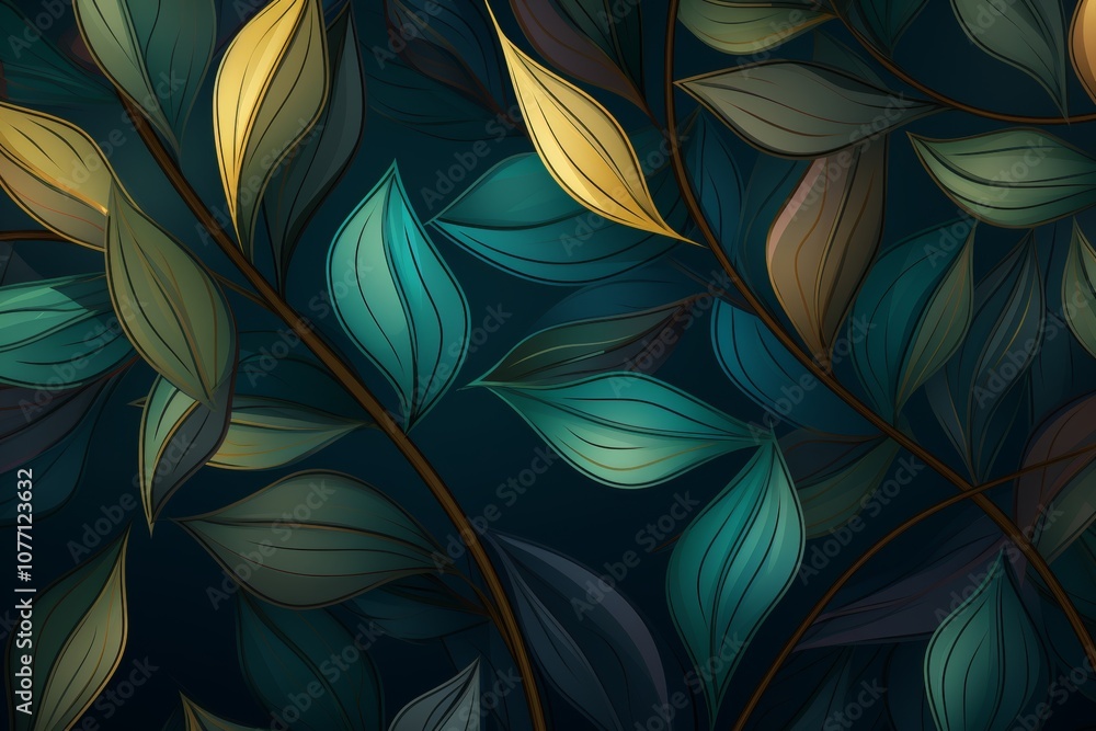 Poster stylized green and yellow leaves overlapping with transparency on a clean background