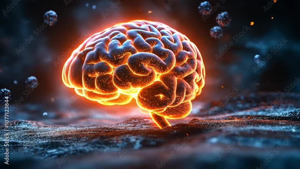 Poster vibrant glowing brain illuminated in a dark, misty environment with ethereal bubbles floating