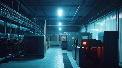 A generator room equipped with two standby generators in a factory setting, ready for power backup to ensure uninterrupted factory operations.