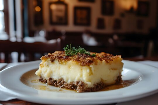 A close-up of a plate of hearty hachis parmentier - ground meat and mashed potatoes - in a cozy French bistro with wooden tables, soft lighting, and artwork evoking an intimate atmosphere